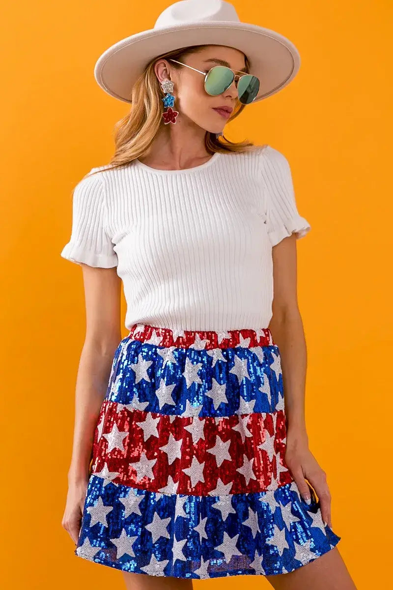 BiBi American Flag Theme Star Sequin Tiered Skirt