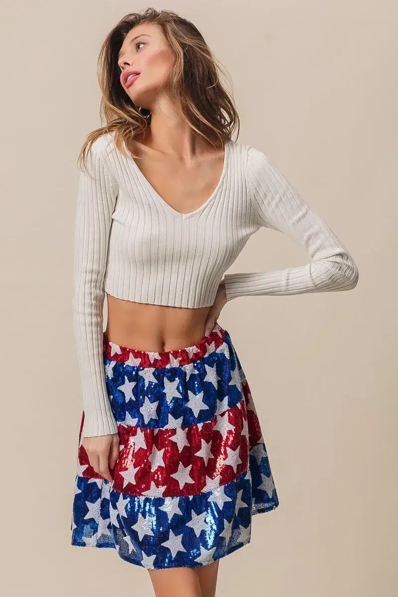 BiBi American Flag Theme Star Sequin Tiered Skirt