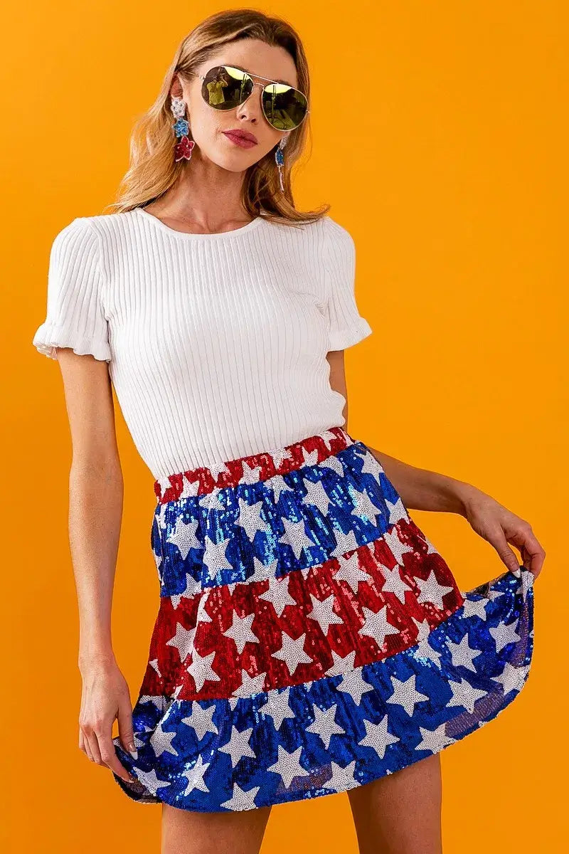 BiBi American Flag Theme Star Sequin Tiered Skirt