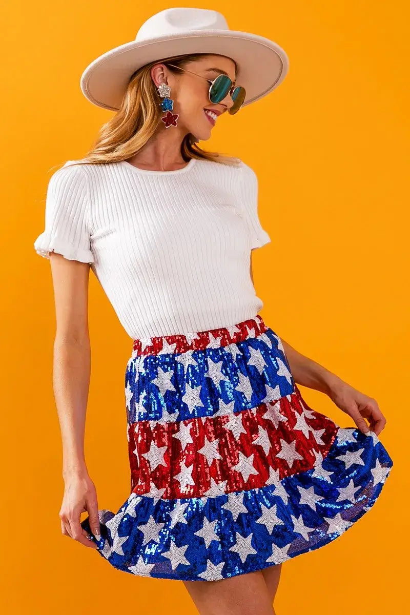 BiBi American Flag Theme Star Sequin Tiered Skirt