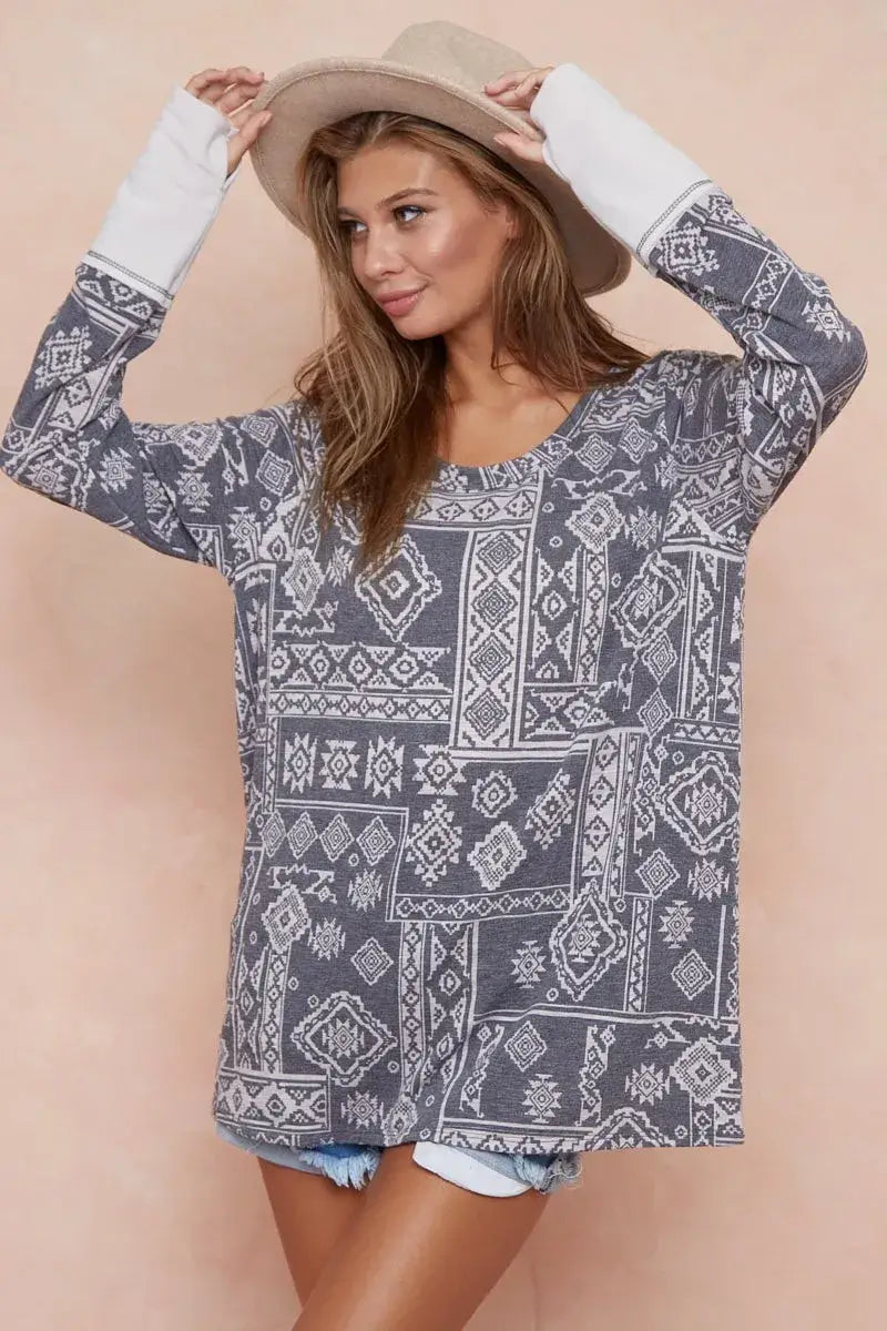BiBi Aztec Print French Terry Top with Thumb Opening