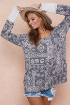 BiBi Aztec Print French Terry Top with Thumb Opening