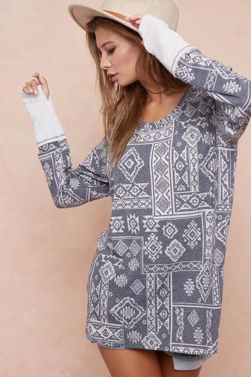 BiBi Aztec Print French Terry Top with Thumb Opening