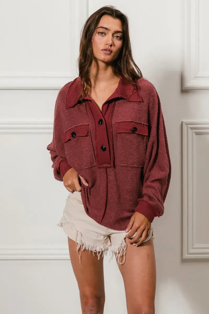 BiBi Cp French Terry Cut Edge Detail Collared Top