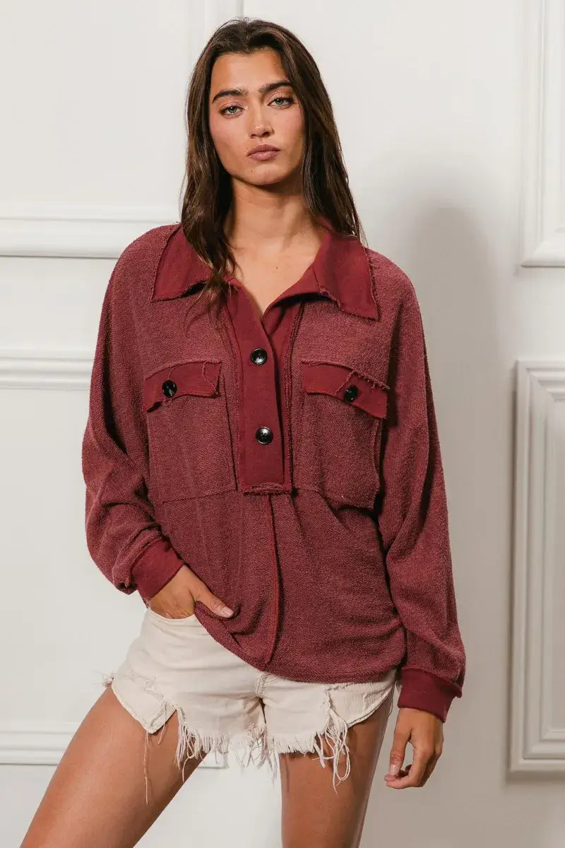 BiBi Cp French Terry Cut Edge Detail Collared Top