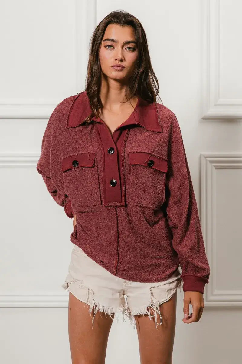 BiBi Cp French Terry Cut Edge Detail Collared Top