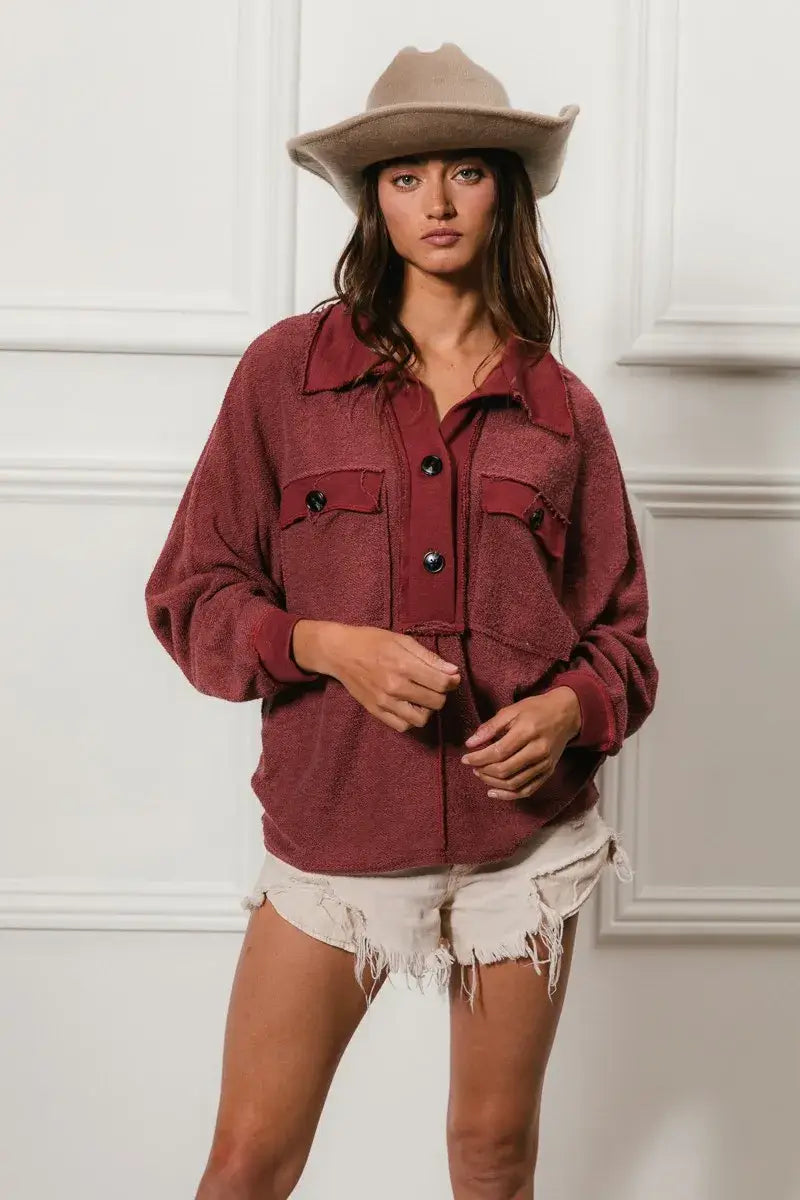 BiBi Cp French Terry Cut Edge Detail Collared Top