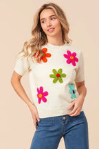 BiBi Crochet Flower Patch Sweater Top