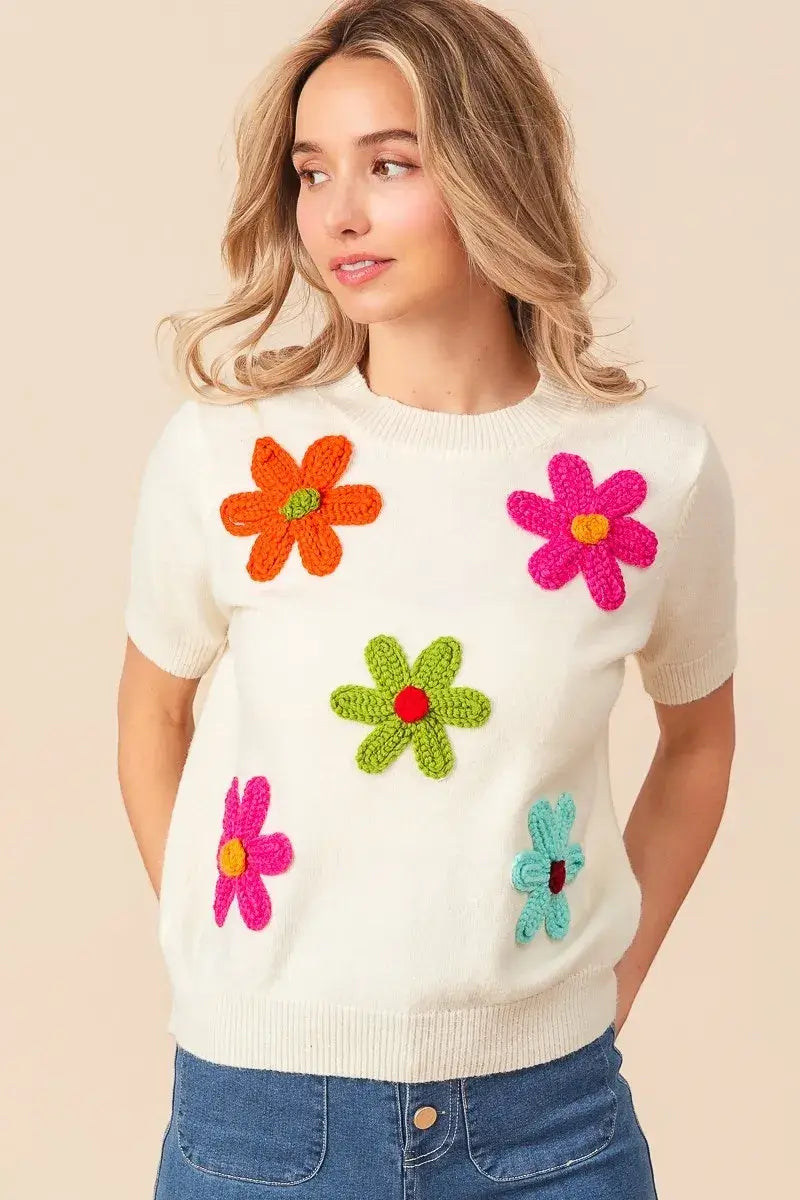 BiBi Crochet Flower Patch Sweater Top