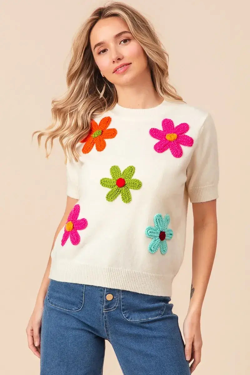 BiBi Crochet Flower Patch Sweater Top