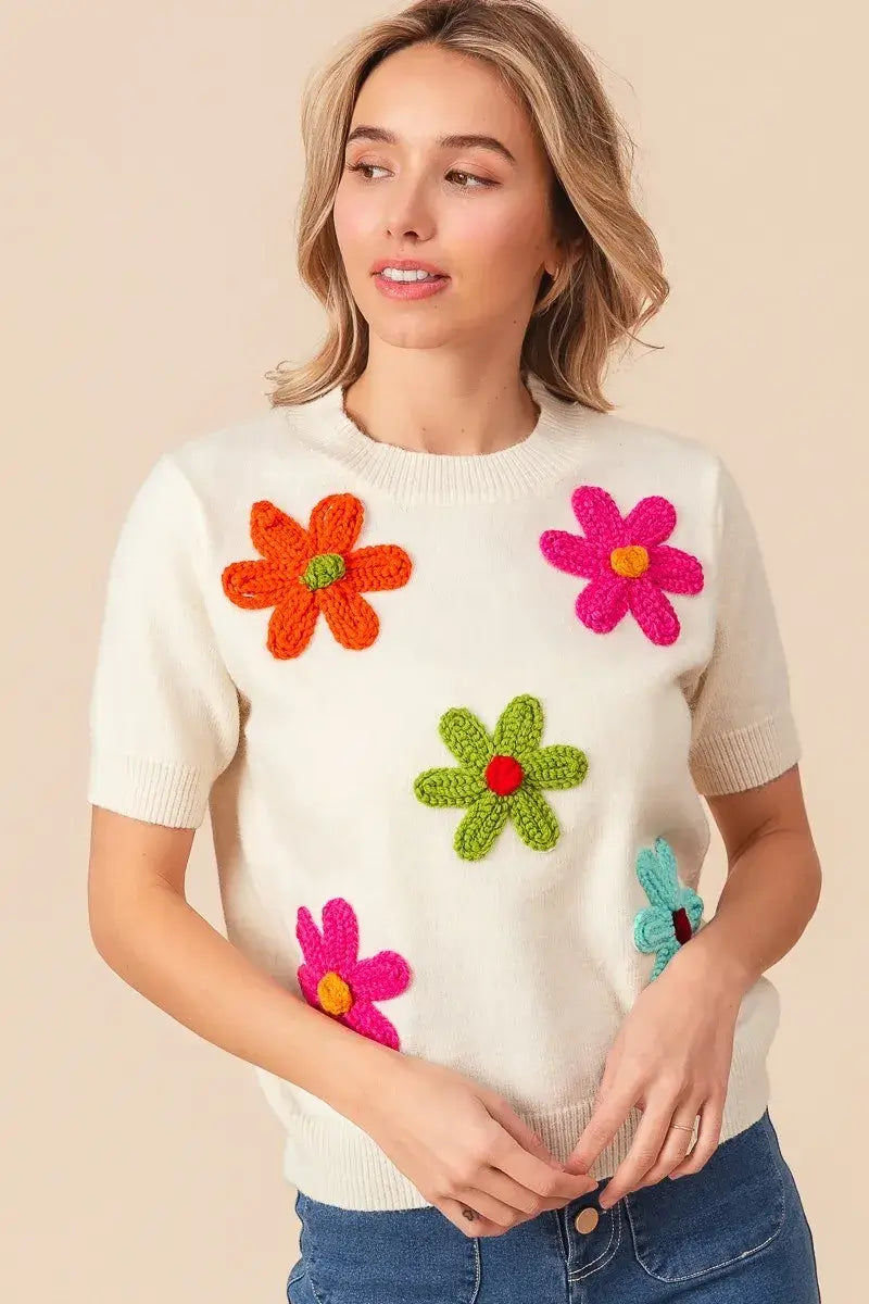 BiBi Crochet Flower Patch Sweater Top