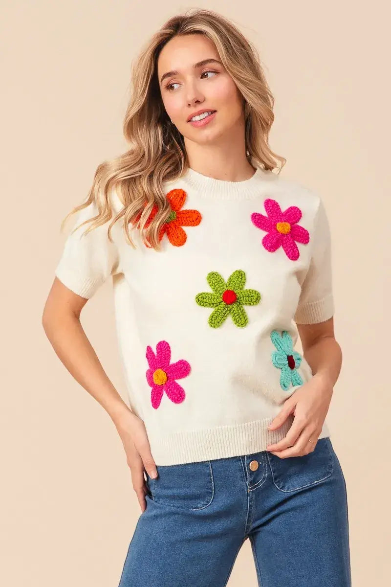 BiBi Crochet Flower Patch Sweater Top