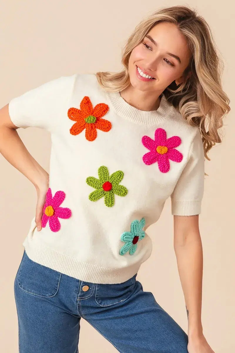 BiBi Crochet Flower Patch Sweater Top