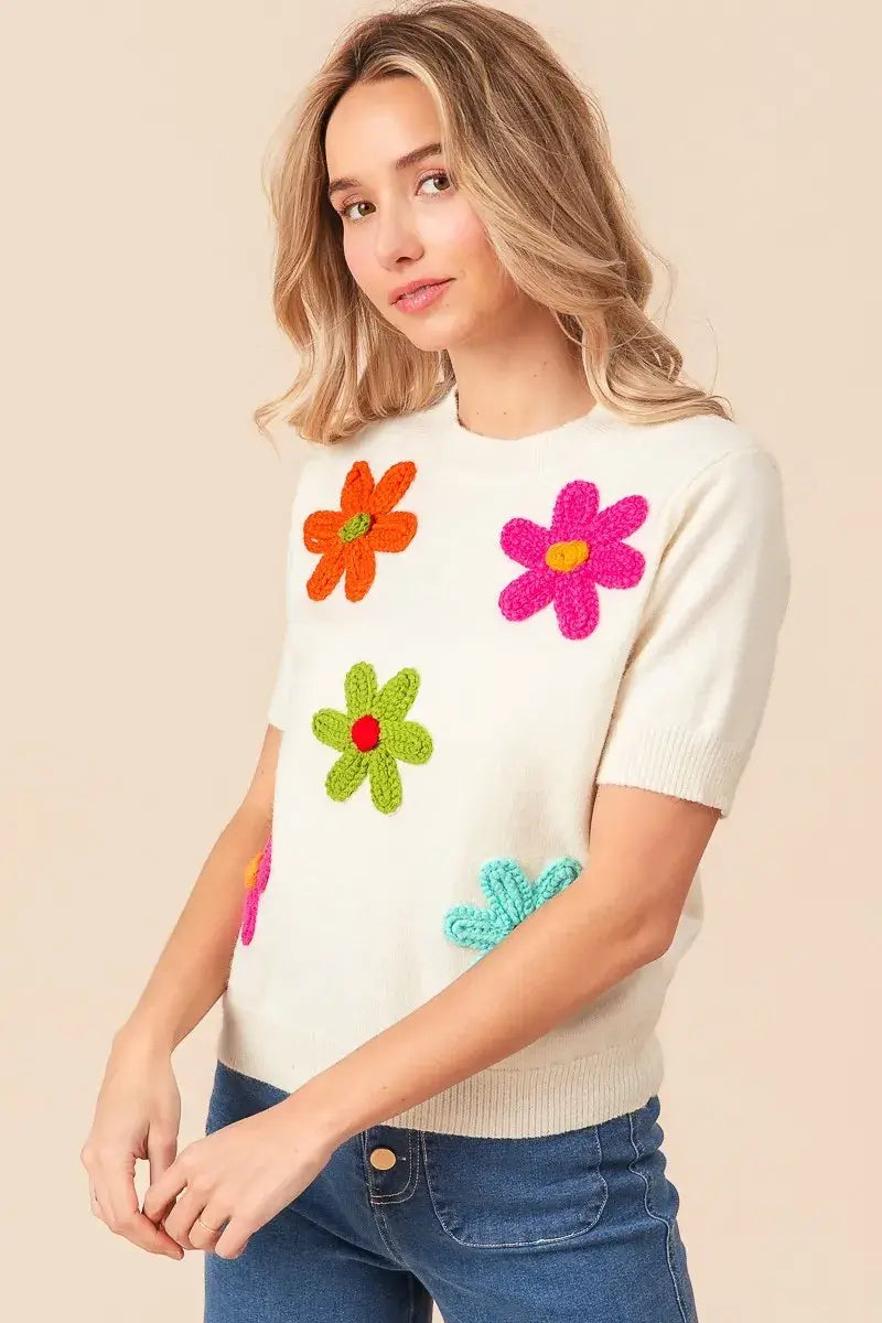 BiBi Crochet Flower Patch Sweater Top