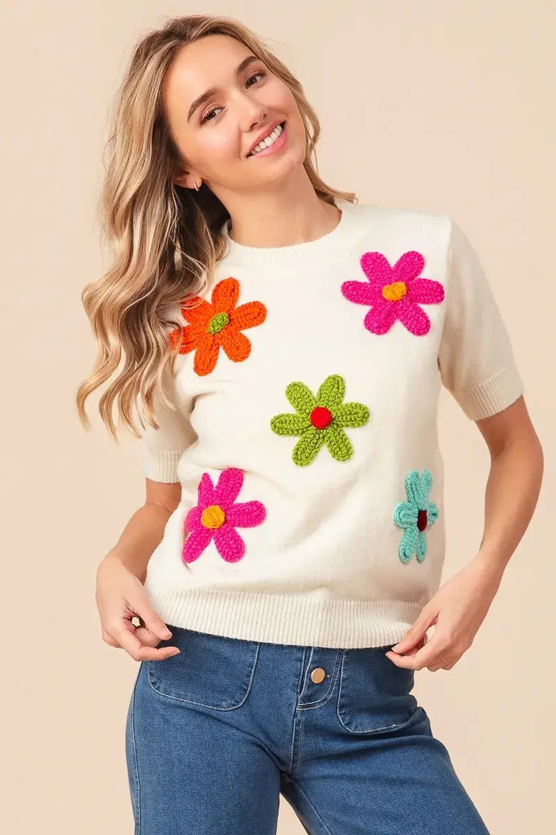 BiBi Crochet Flower Patch Sweater Top