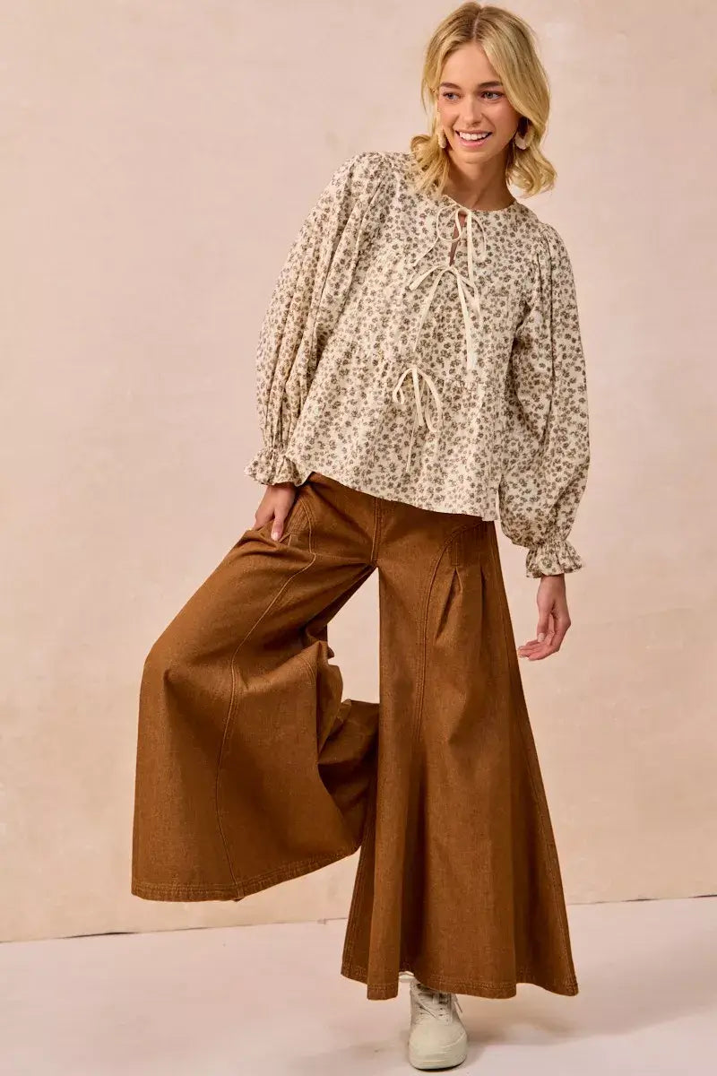 BiBi Floral Printed Peplum Blouse with Shirring and Tied