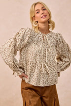 BiBi Floral Printed Peplum Blouse with Shirring and Tied