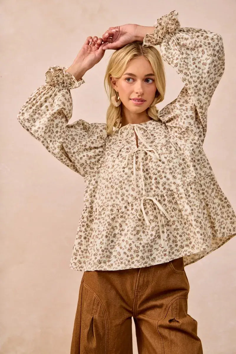 BiBi Floral Printed Peplum Blouse with Shirring and Tied