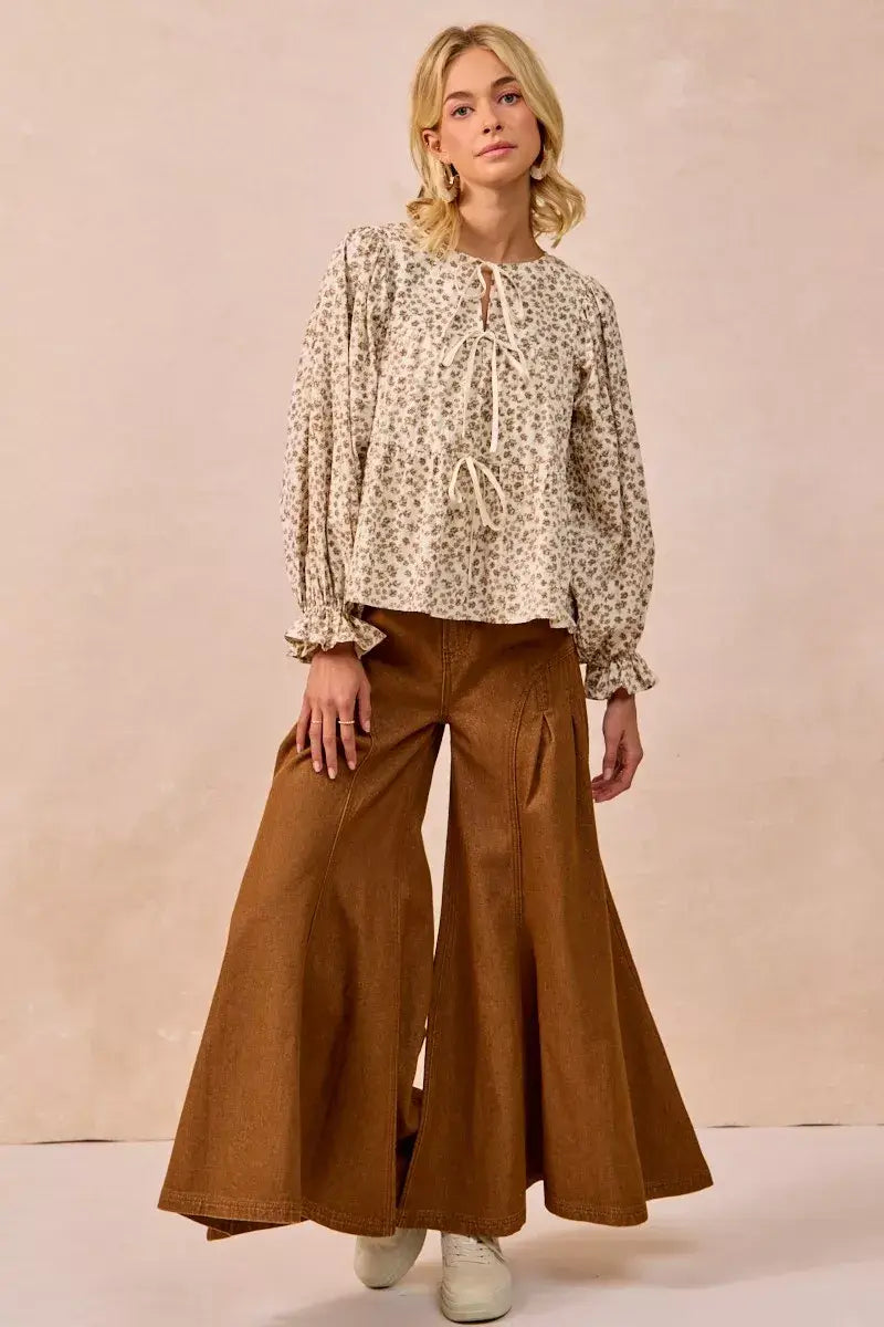 BiBi Floral Printed Peplum Blouse with Shirring and Tied