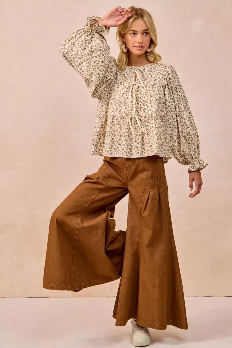 BiBi Floral Printed Peplum Blouse with Shirring and Tied