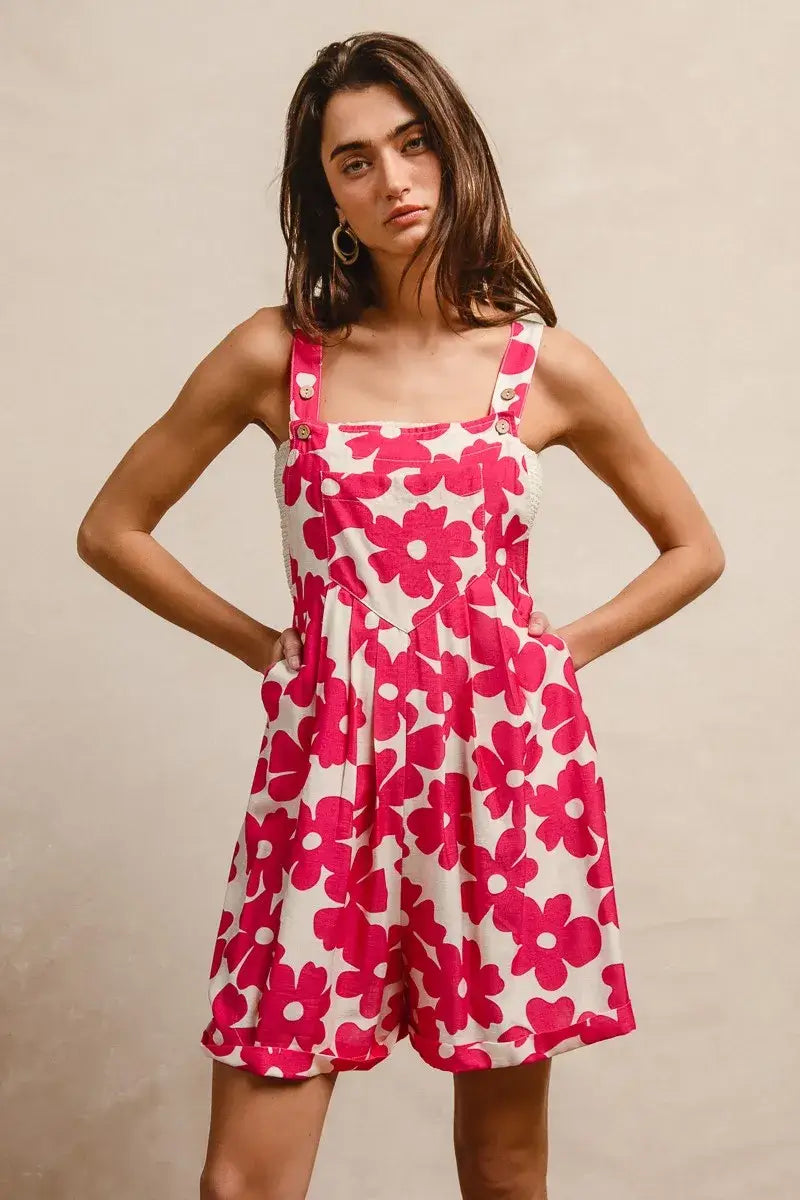 BiBi Floral Prints Tuck Detail Short Overall With Pockets