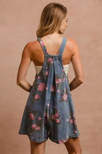 BiBi Flower Printed Wide Strap Denim Overalls
