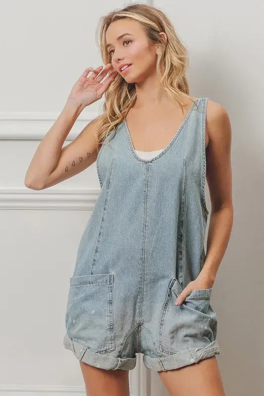 BiBi Folded Hem Vintage Washed Denim Overalls Hauptbild