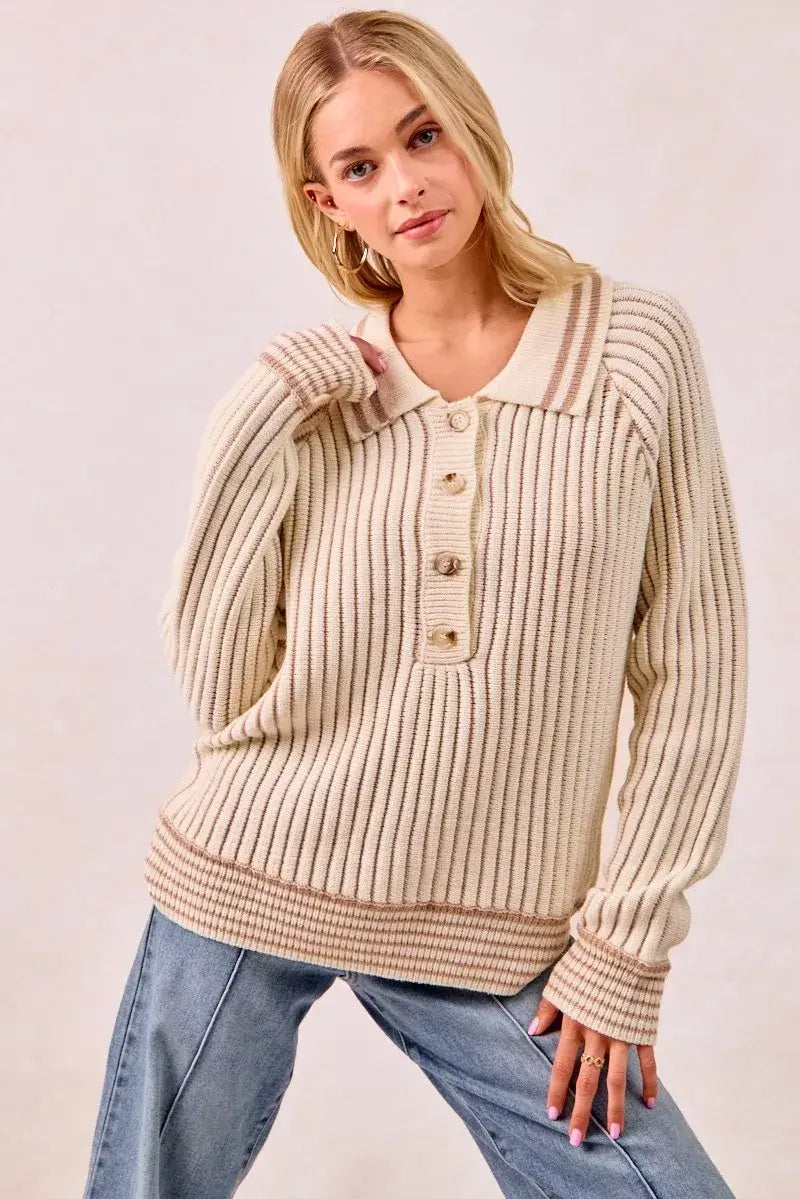 BiBi Half Button Ribbed Two Tone Sweater