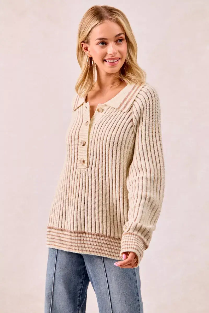 BiBi Half Button Ribbed Two Tone Sweater