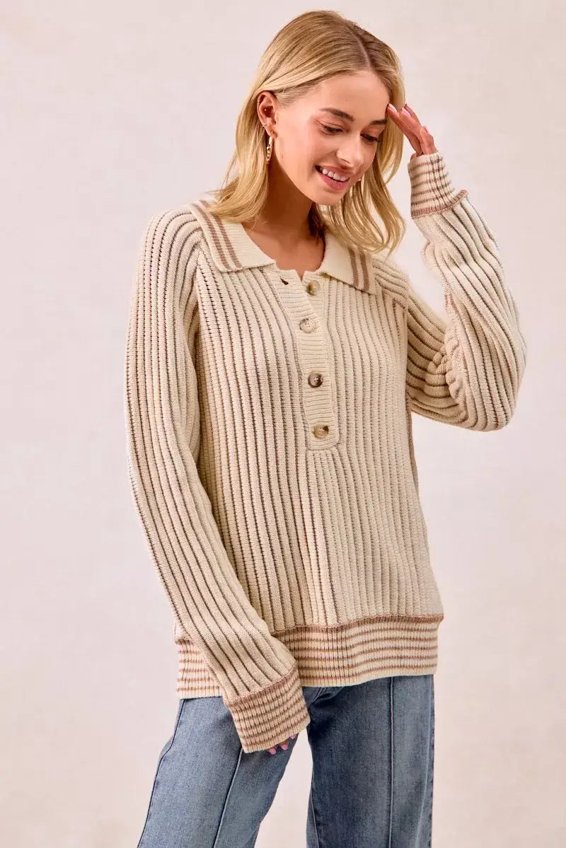 BiBi Half Button Ribbed Two Tone Sweater
