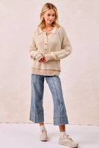 BiBi Half Button Ribbed Two Tone Sweater