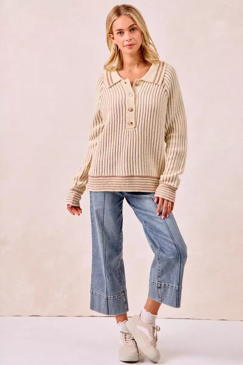 BiBi Half Button Ribbed Two Tone Sweater