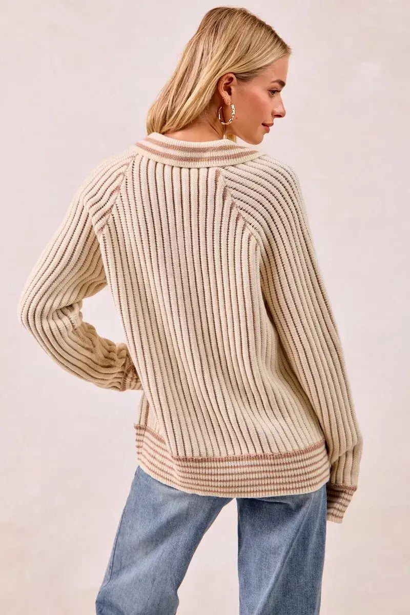 BiBi Half Button Ribbed Two Tone Sweater