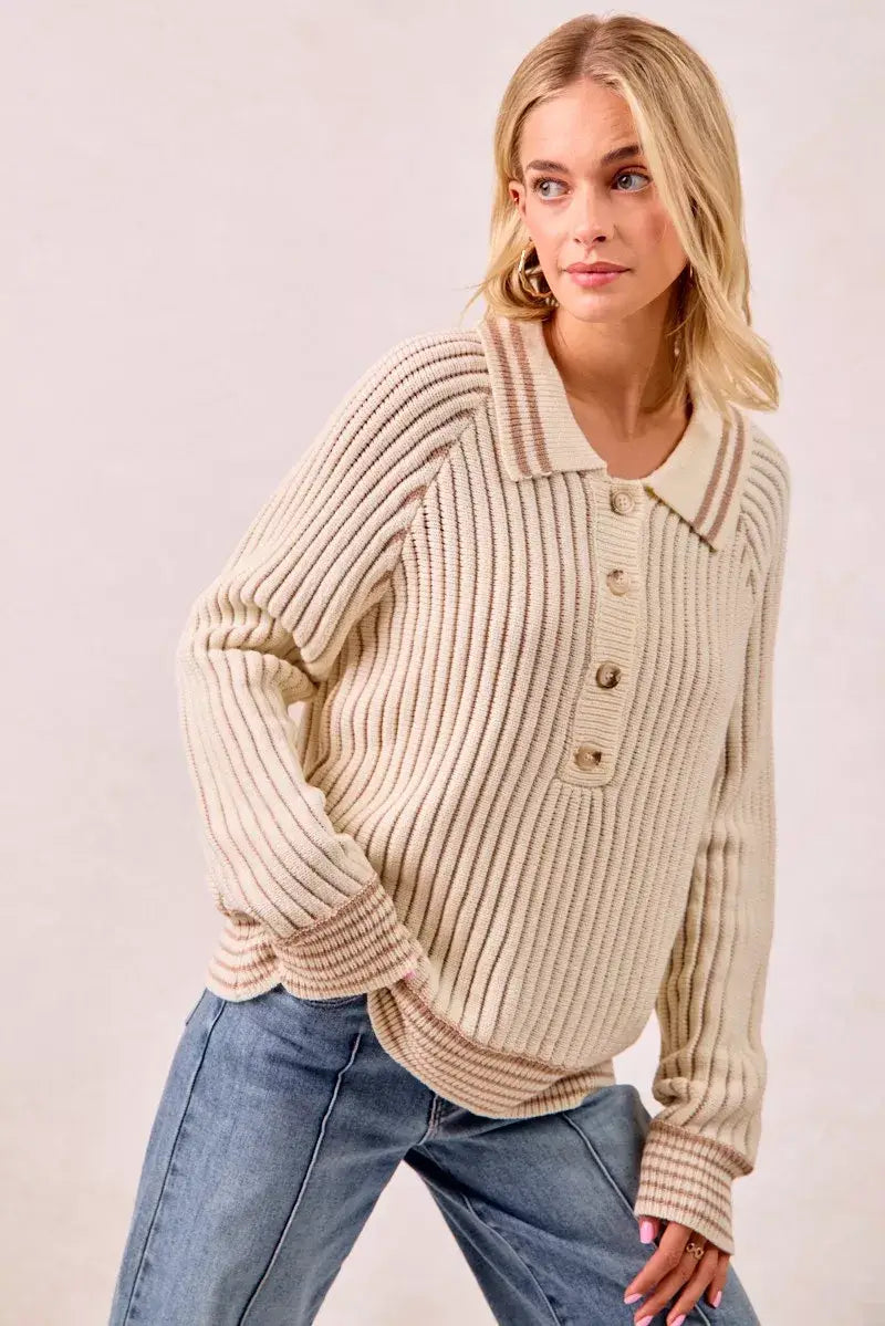 BiBi Half Button Ribbed Two Tone Sweater