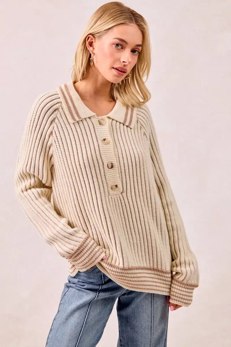 BiBi Half Button Ribbed Two Tone Sweater