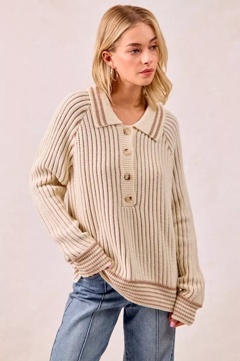 BiBi Half Button Ribbed Two Tone Sweater
