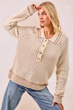 BiBi Half Button Ribbed Two Tone Sweater