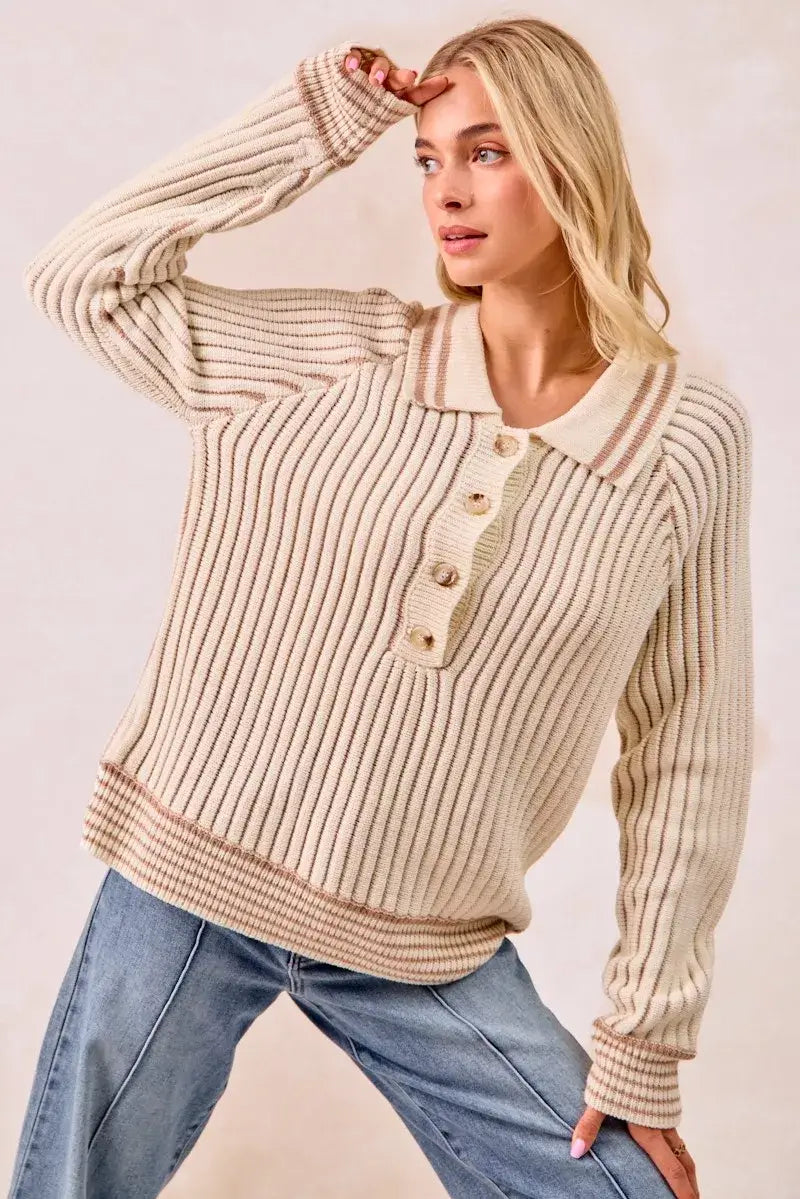 BiBi Half Button Ribbed Two Tone Sweater
