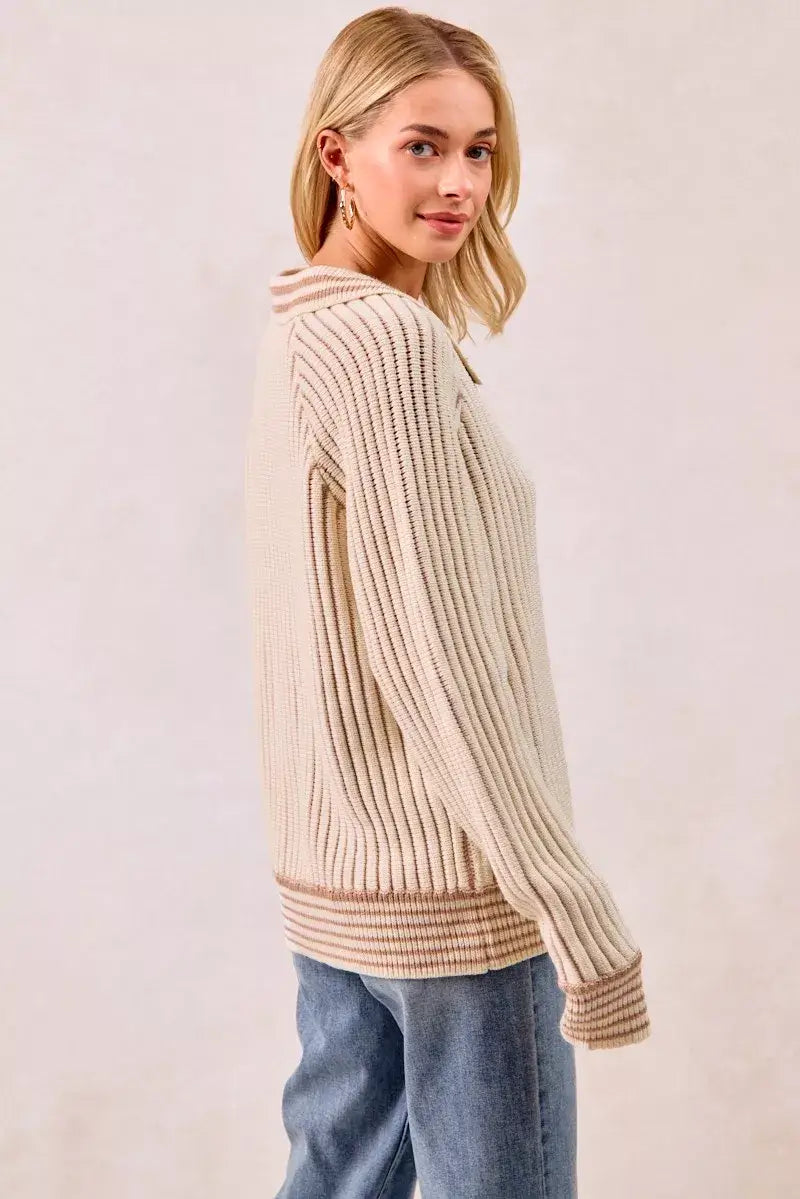 BiBi Half Button Ribbed Two Tone Sweater