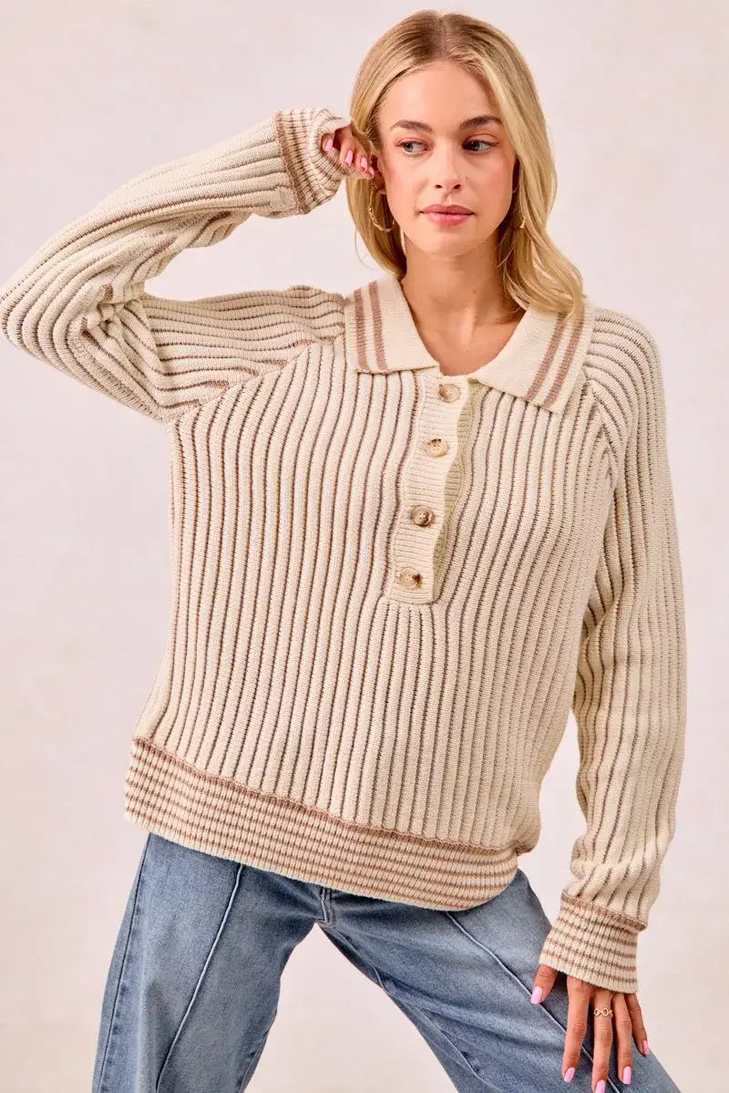 BiBi Half Button Ribbed Two Tone Sweater