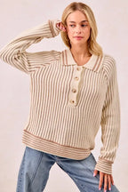 BiBi Half Button Ribbed Two Tone Sweater