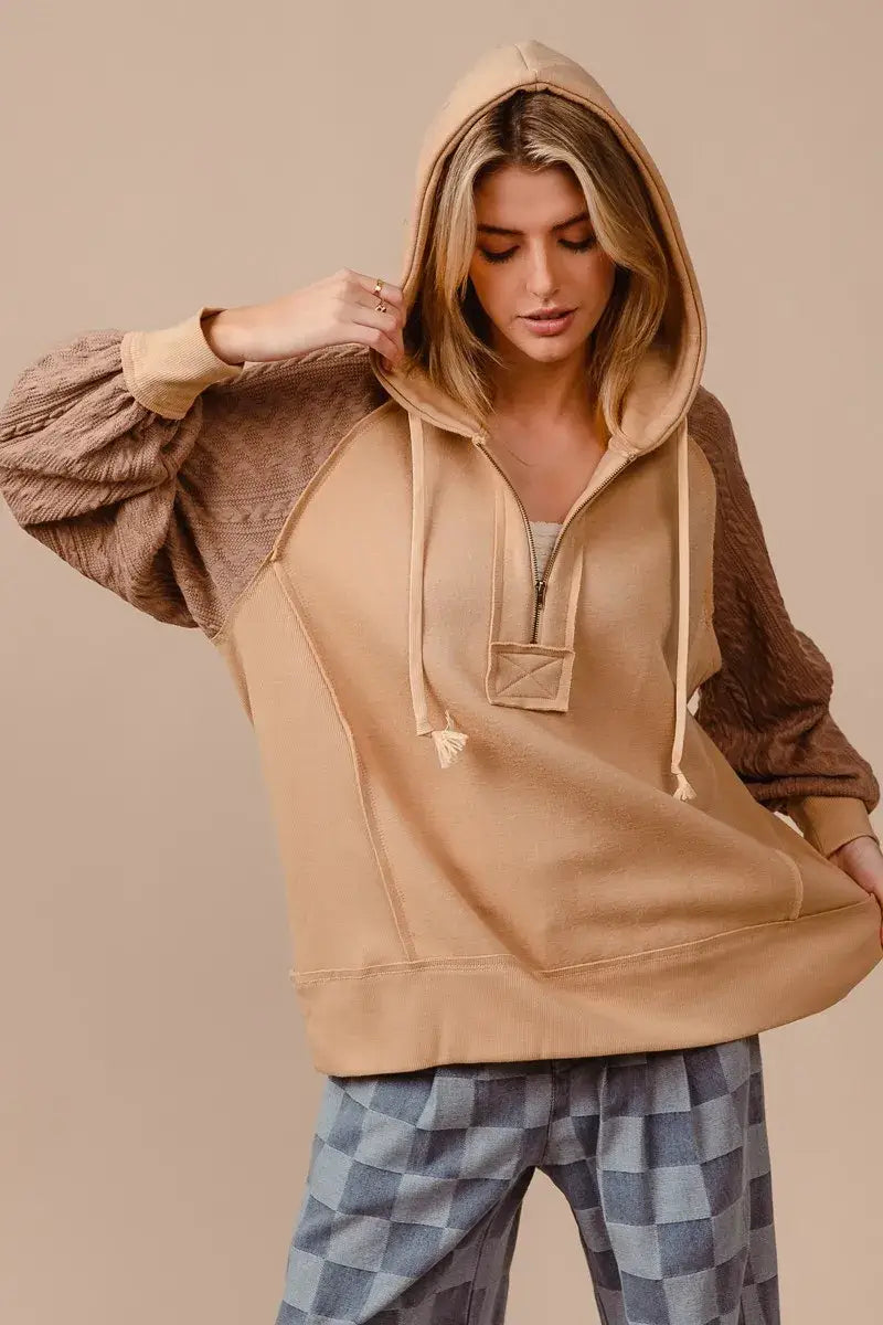 BiBi Half Zip French Terry Hoodie with Kint Sleeves