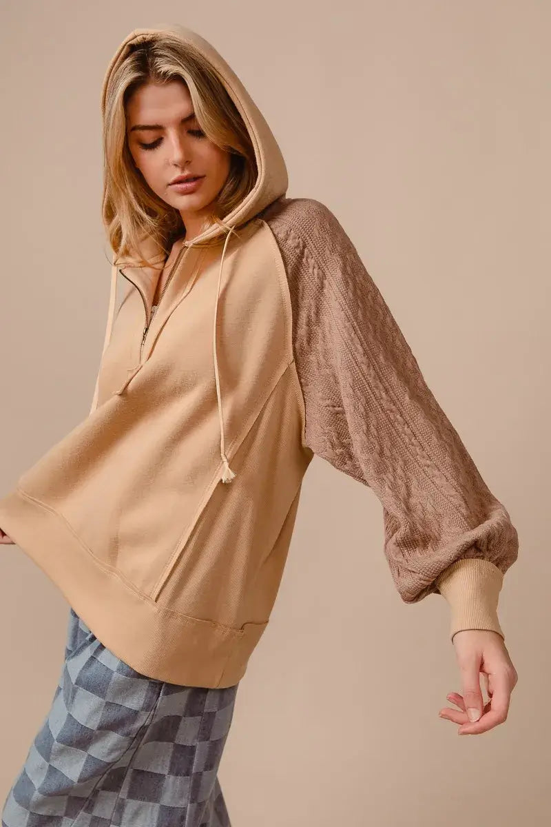 BiBi Half Zip French Terry Hoodie with Kint Sleeves