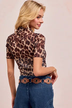 BiBi High Neck Leopard Mesh Short Sleeves Top