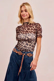 BiBi High Neck Leopard Mesh Short Sleeves Top