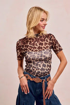 BiBi High Neck Leopard Mesh Short Sleeves Top