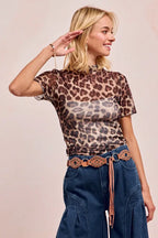 BiBi High Neck Leopard Mesh Short Sleeves Top
