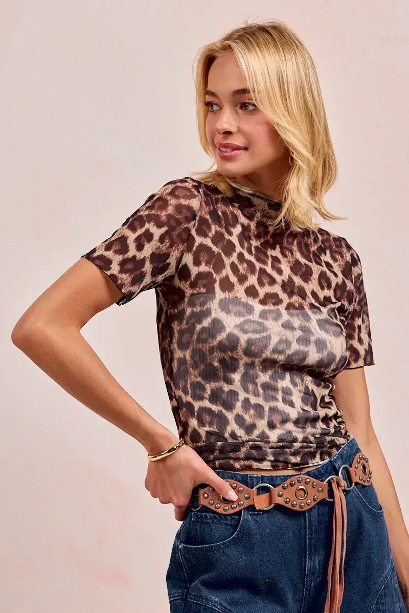 BiBi High Neck Leopard Mesh Short Sleeves Top