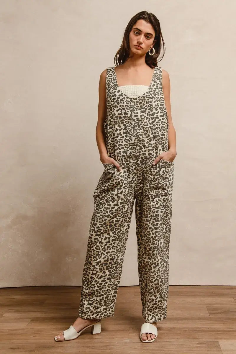 BiBi Leopard Print Adjustable Strap U Neck Jumpsuit