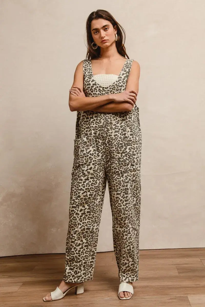 BiBi Leopard Print Adjustable Strap U Neck Jumpsuit